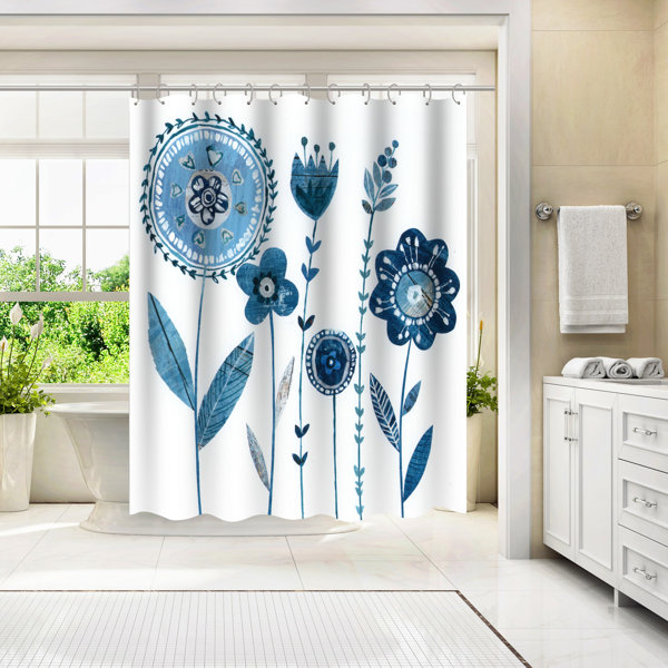 East Urban Home 71" x 74" Shower Curtain, Blue Flowers with Stems by
